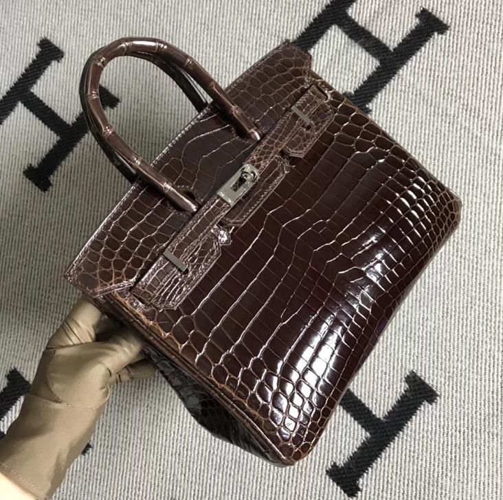 Stock Hermes Shiny Crocodile Birkin Bag25CM in Dark Coffee Silver Hardware