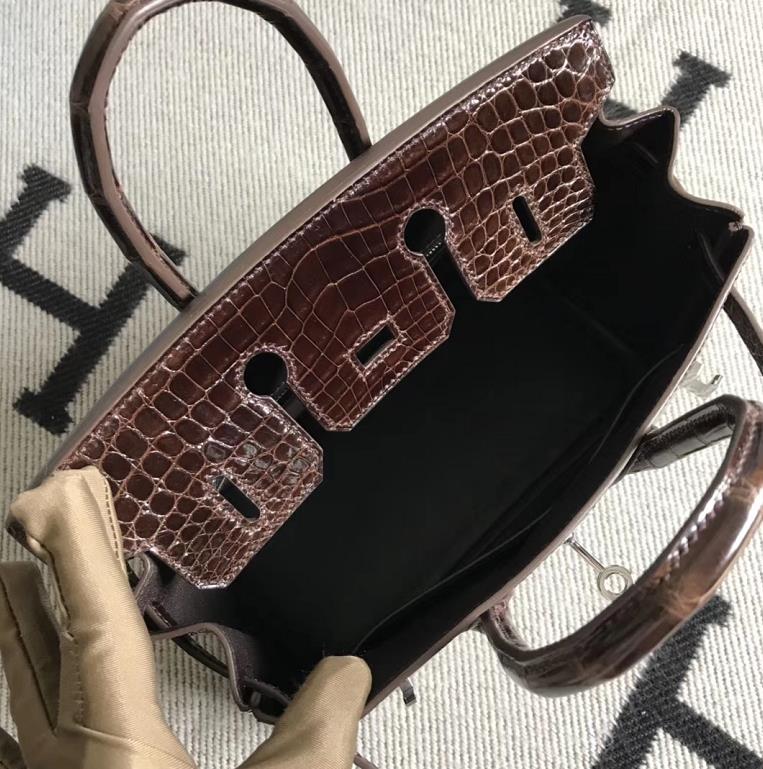 Stock Hermes Shiny Crocodile Birkin Bag25CM in Dark Coffee Silver Hardware