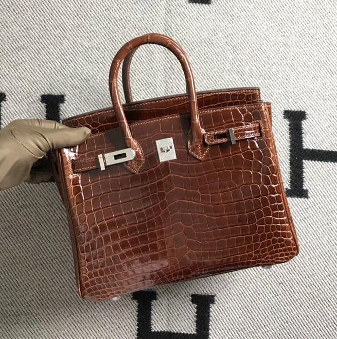 Stock Hermes Brown Shiny Crocodile Birkin25CM Tote Bag Silver Hardware