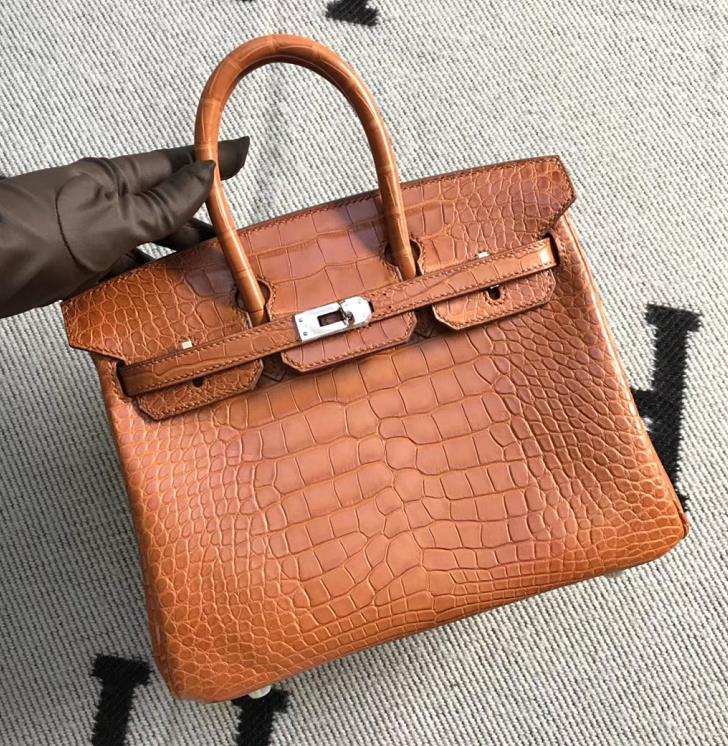Hermes Matt Crocodile Leather Birkin 25CM Womens Bag in Khaki Silver Hardware