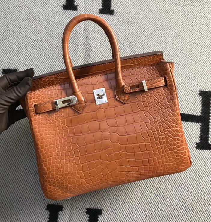 Stock Hermes Matt Crocodile Leather Birkin25CM Women&#8217;s Bag in Khaki Silver Hardware