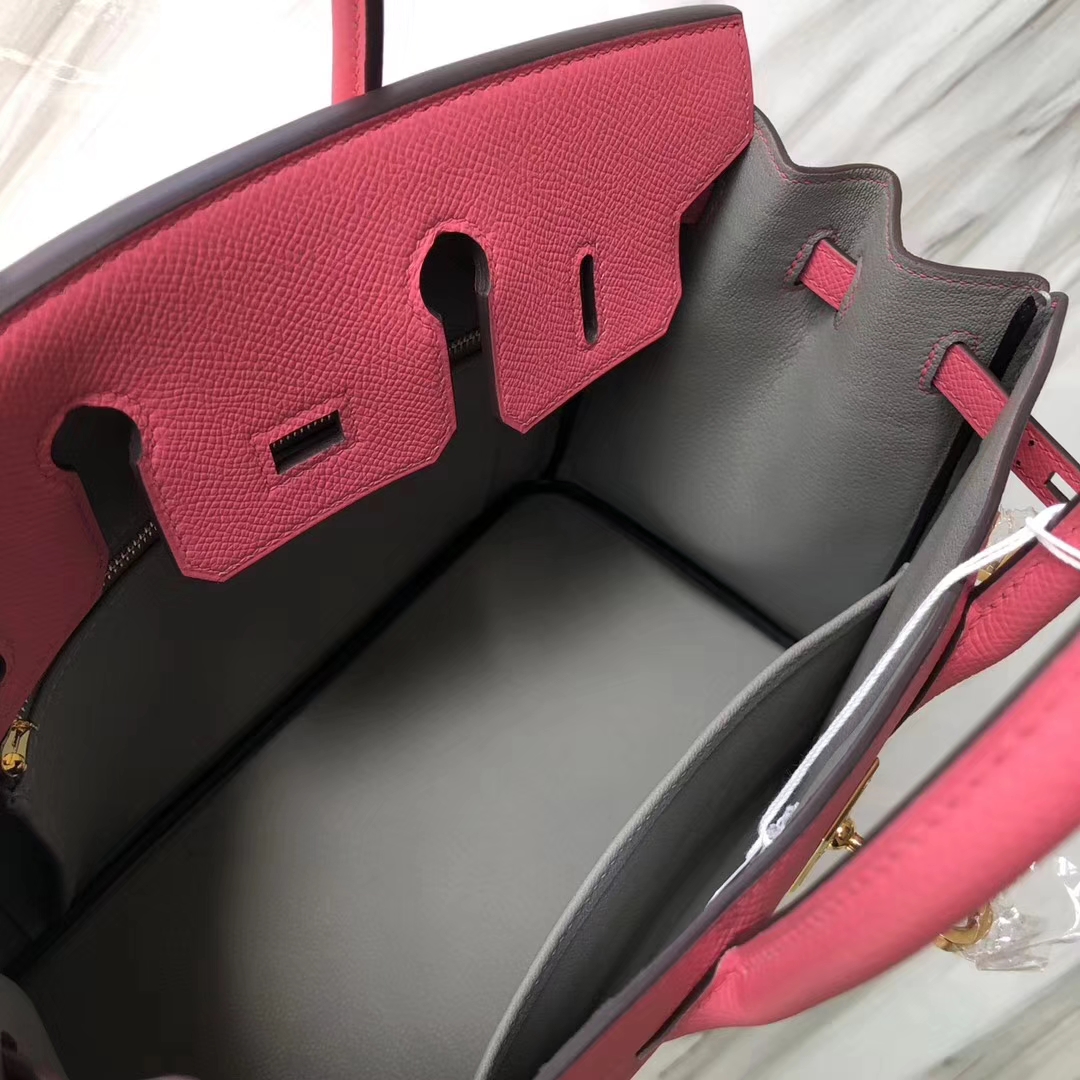 Fashion Hermes 8W Rose Azalee/4Z Gris Mouette inner Epsom Calf Birkin25CM Gold Hardware