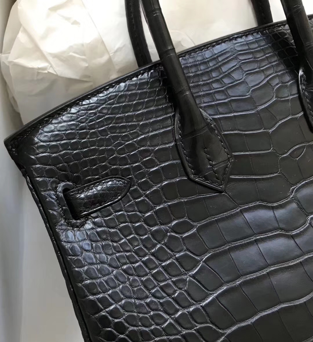 Stock Hermes Matt Crocodile Birkin Bag25CM in CK89 Noir Gold Hardware