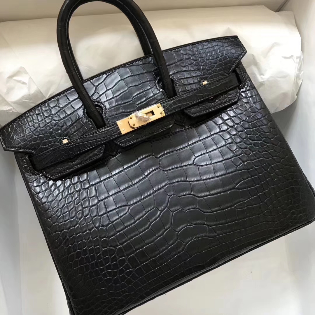 Stock Hermes Matt Crocodile Birkin Bag25CM in CK89 Noir Gold Hardware