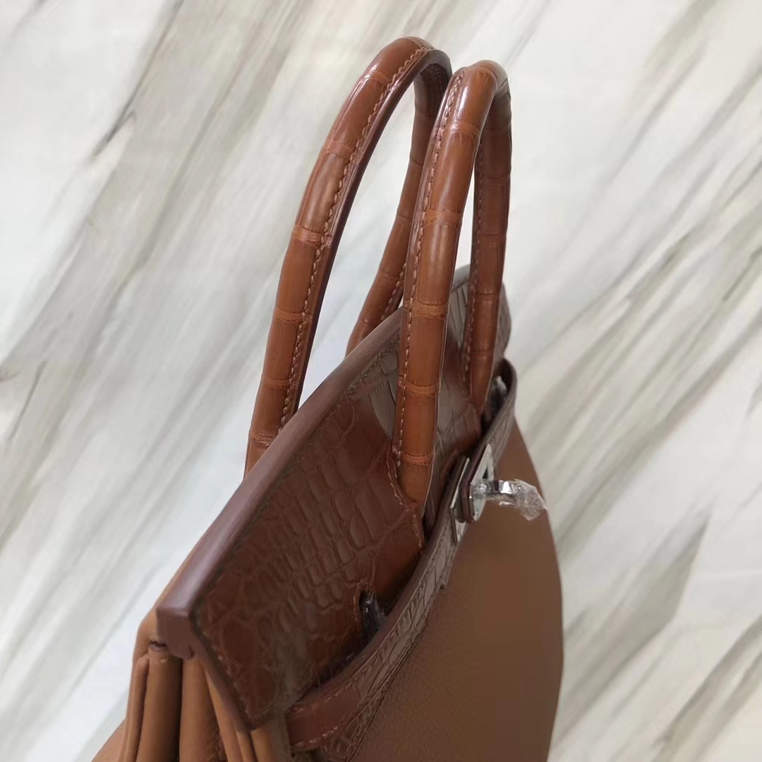 Customization Hermes Touch Series Birkin25CM Bag Brown Matt Crocodile/Togo Leather