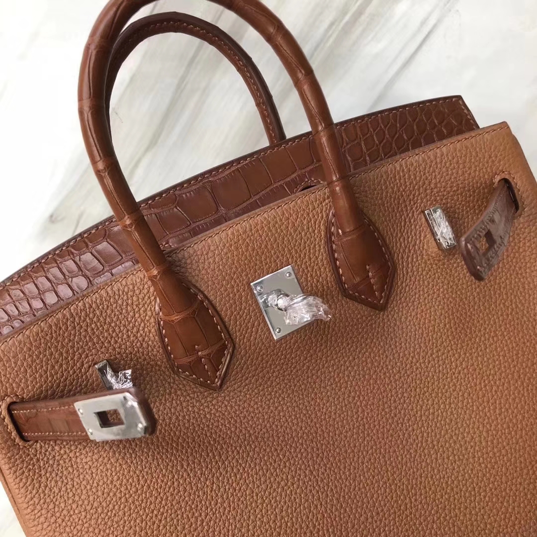 Customization Hermes Touch Series Birkin25CM Bag Brown Matt Crocodile/Togo Leather
