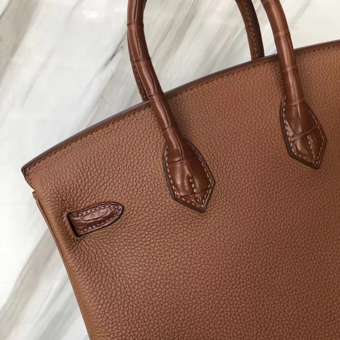 Customization Hermes Touch Series Birkin25CM Bag Brown Matt Crocodile/Togo Leather