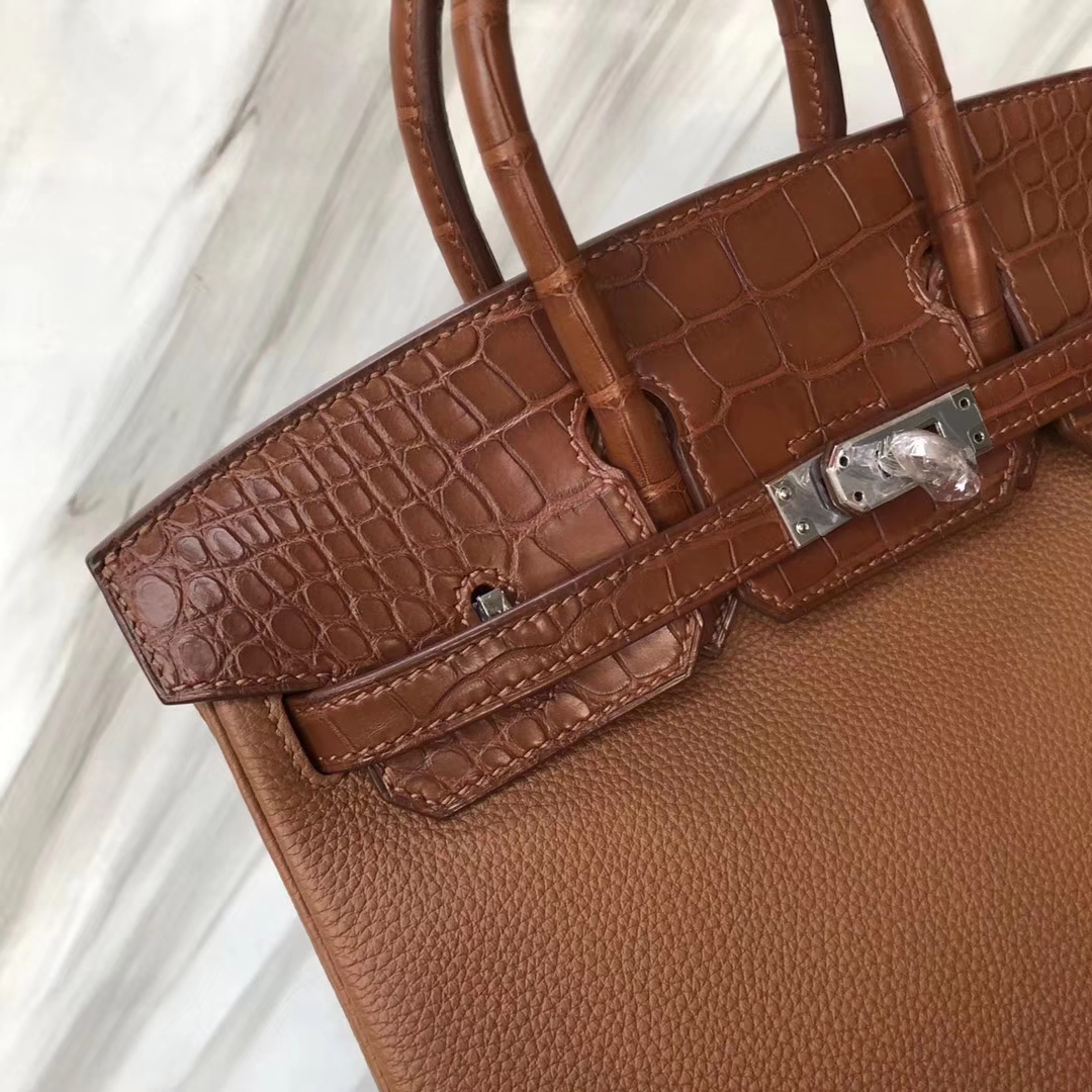 Customization Hermes Touch Series Birkin25CM Bag Brown Matt Crocodile/Togo Leather