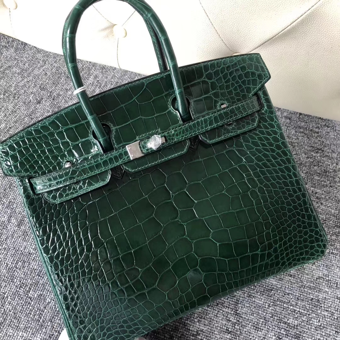 Stock Luxury Hermes CK67 Vert Fonce Shiny Crocodile Birkin Bag25CM Silver Hardware