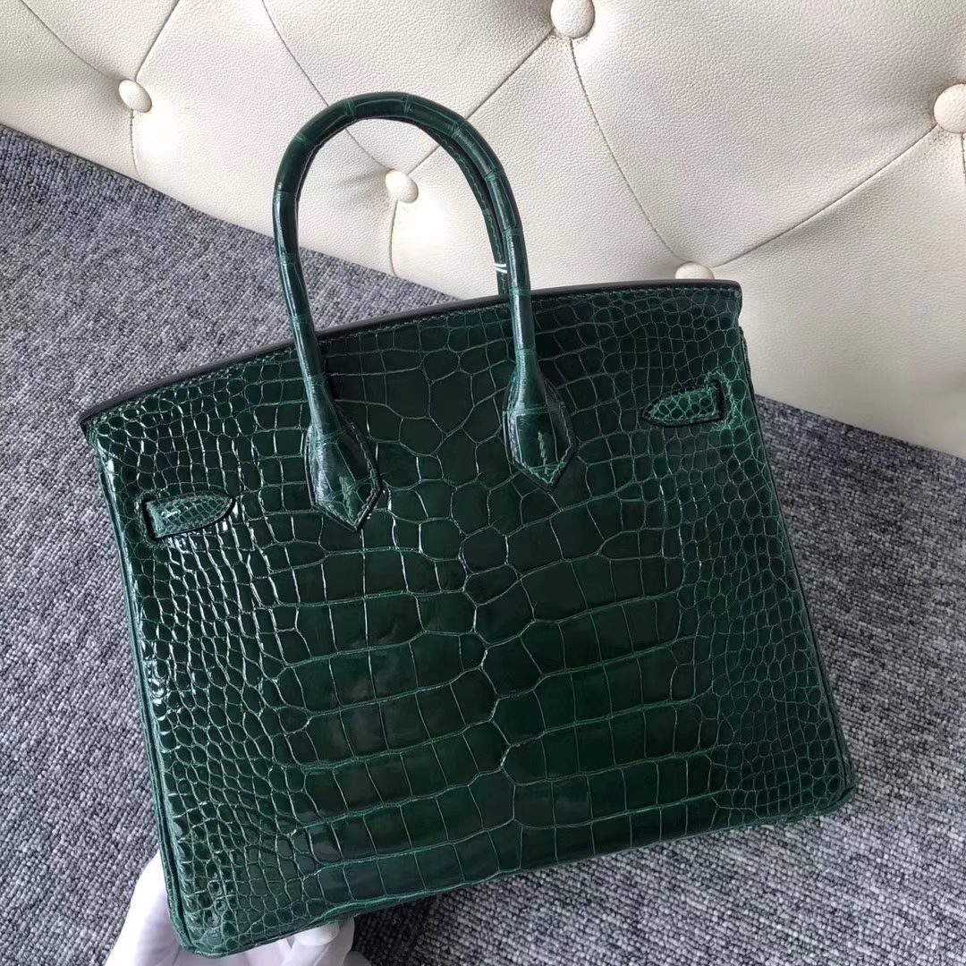 Stock Luxury Hermes CK67 Vert Fonce Shiny Crocodile Birkin Bag25CM Silver Hardware