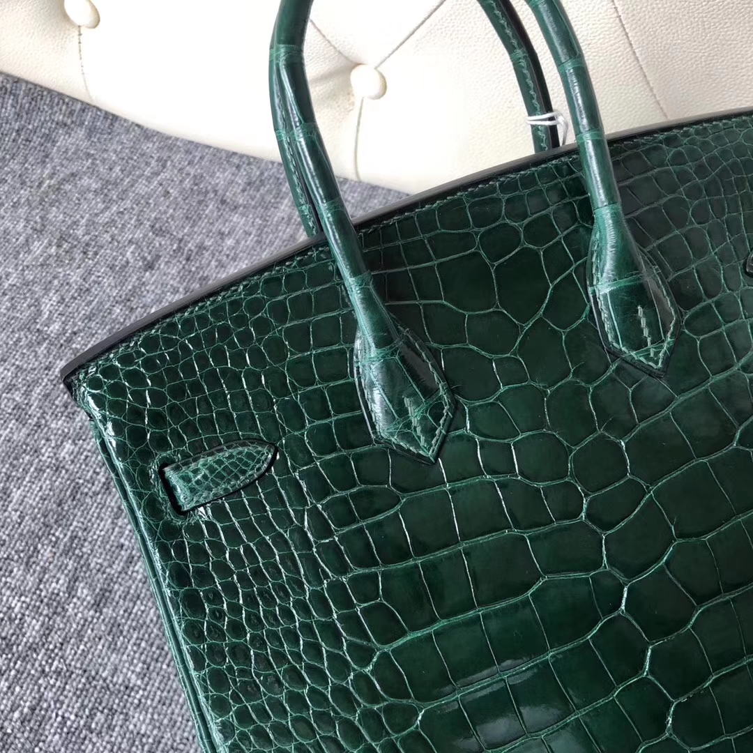 Stock Luxury Hermes CK67 Vert Fonce Shiny Crocodile Birkin Bag25CM Silver Hardware