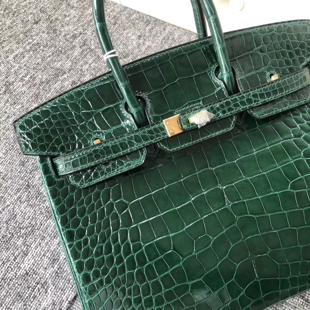 Stock Noble Hermes Alligator Shiny Crocodile Birkin Bag25CM in CK67 Vert Fonce Gold Hardware