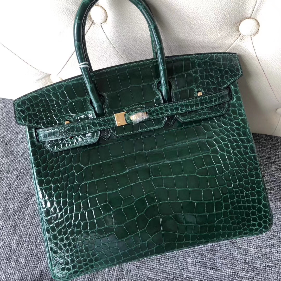 Stock Noble Hermes Alligator Shiny Crocodile Birkin Bag25CM in CK67 Vert Fonce Gold Hardware