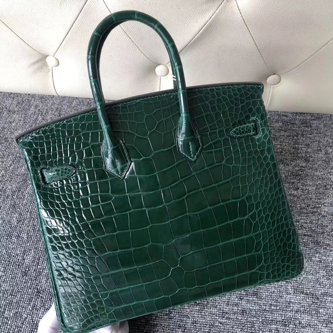 Stock Noble Hermes Alligator Shiny Crocodile Birkin Bag25CM in CK67 Vert Fonce Gold Hardware