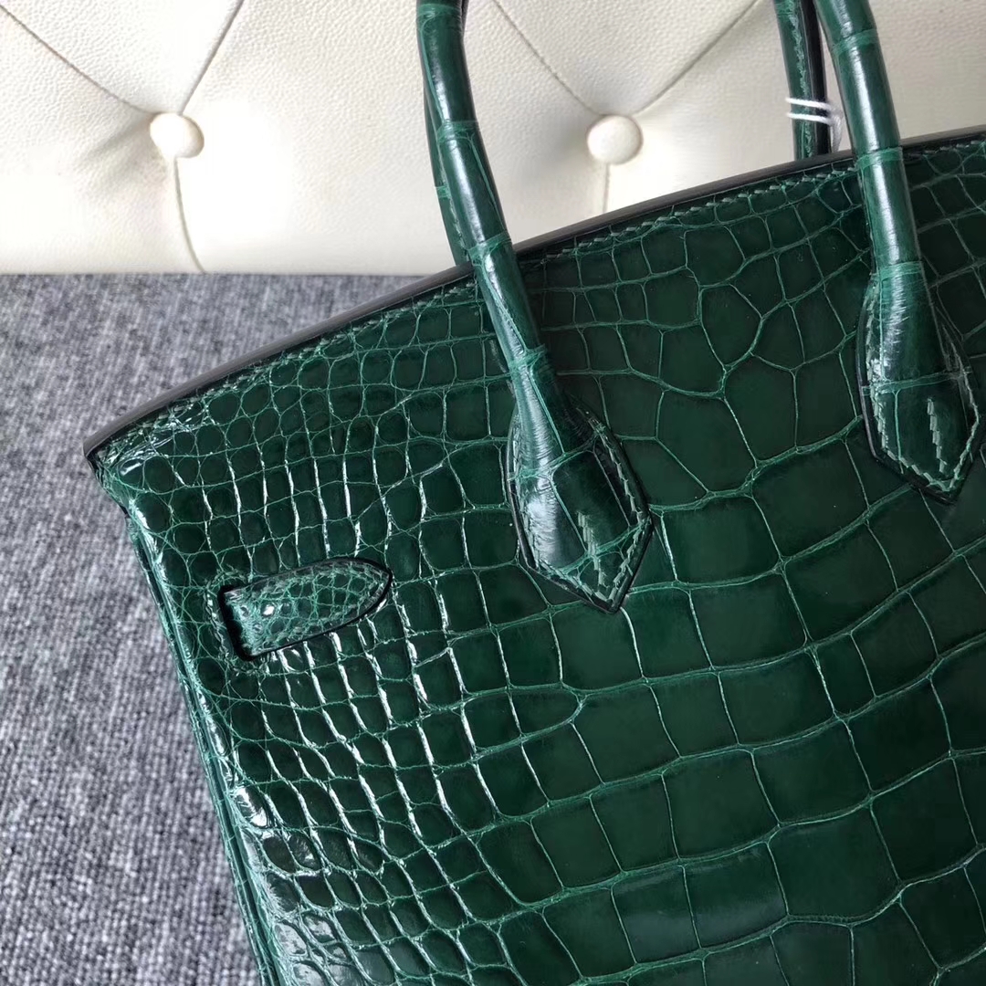 Stock Noble Hermes Alligator Shiny Crocodile Birkin Bag25CM in CK67 Vert Fonce Gold Hardware