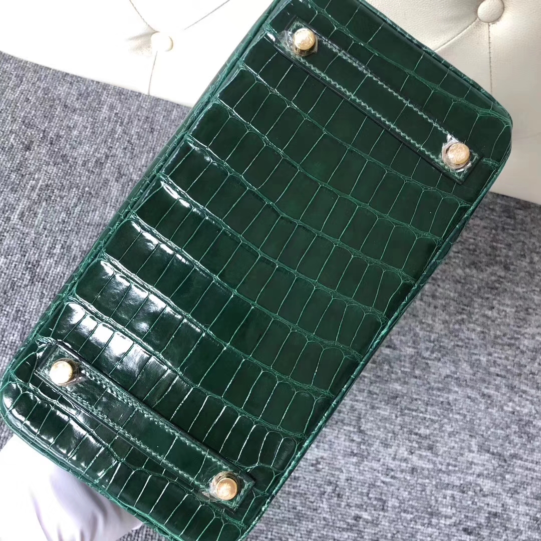 Stock Noble Hermes Alligator Shiny Crocodile Birkin Bag25CM in CK67 Vert Fonce Gold Hardware