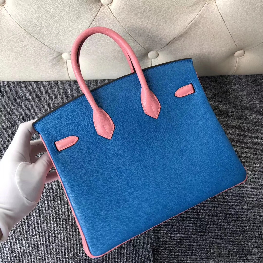 Stock Hermes Chevre Leather Birkin25CM Bag in 7Q Blue Mykonos/Rose Lipstick Gold Hardware