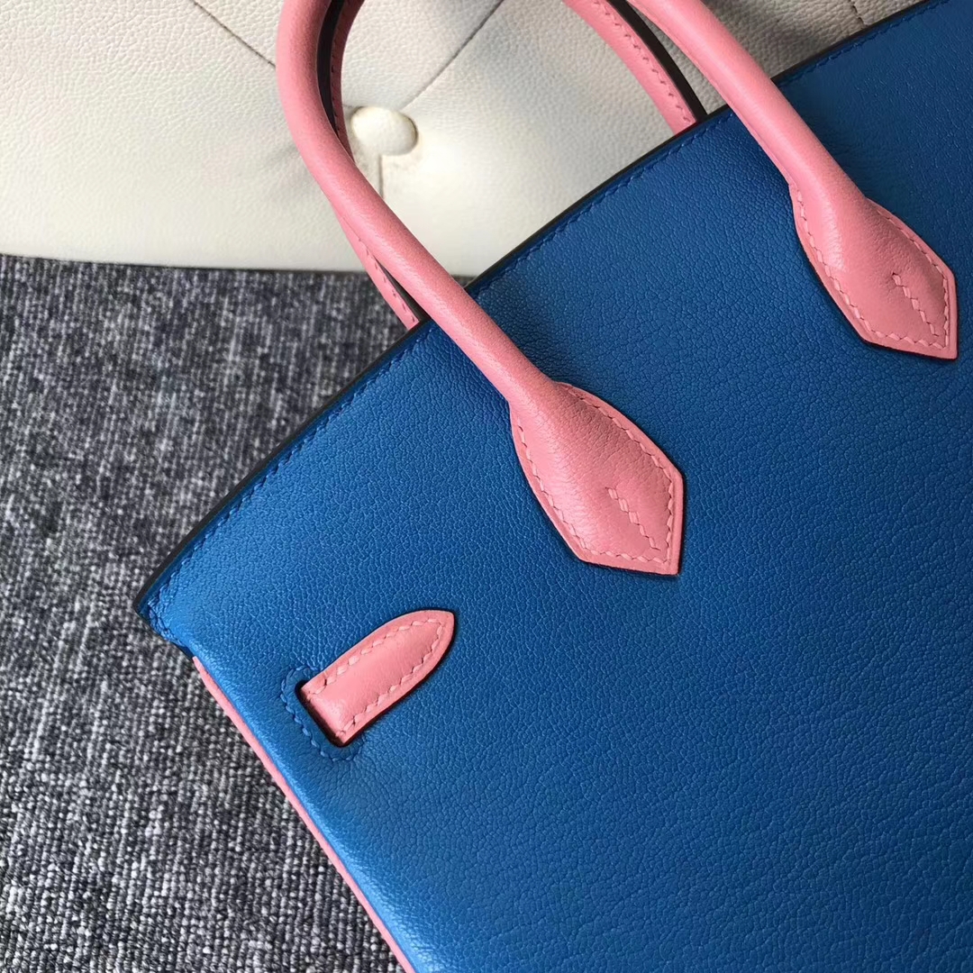 Stock Hermes Chevre Leather Birkin25CM Bag in 7Q Blue Mykonos/Rose Lipstick Gold Hardware