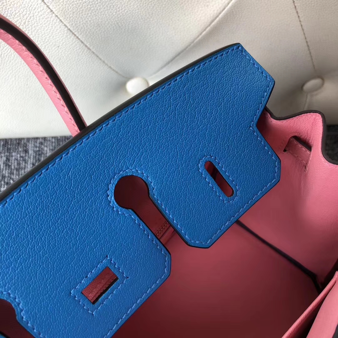 Stock Hermes Chevre Leather Birkin25CM Bag in 7Q Blue Mykonos/Rose Lipstick Gold Hardware