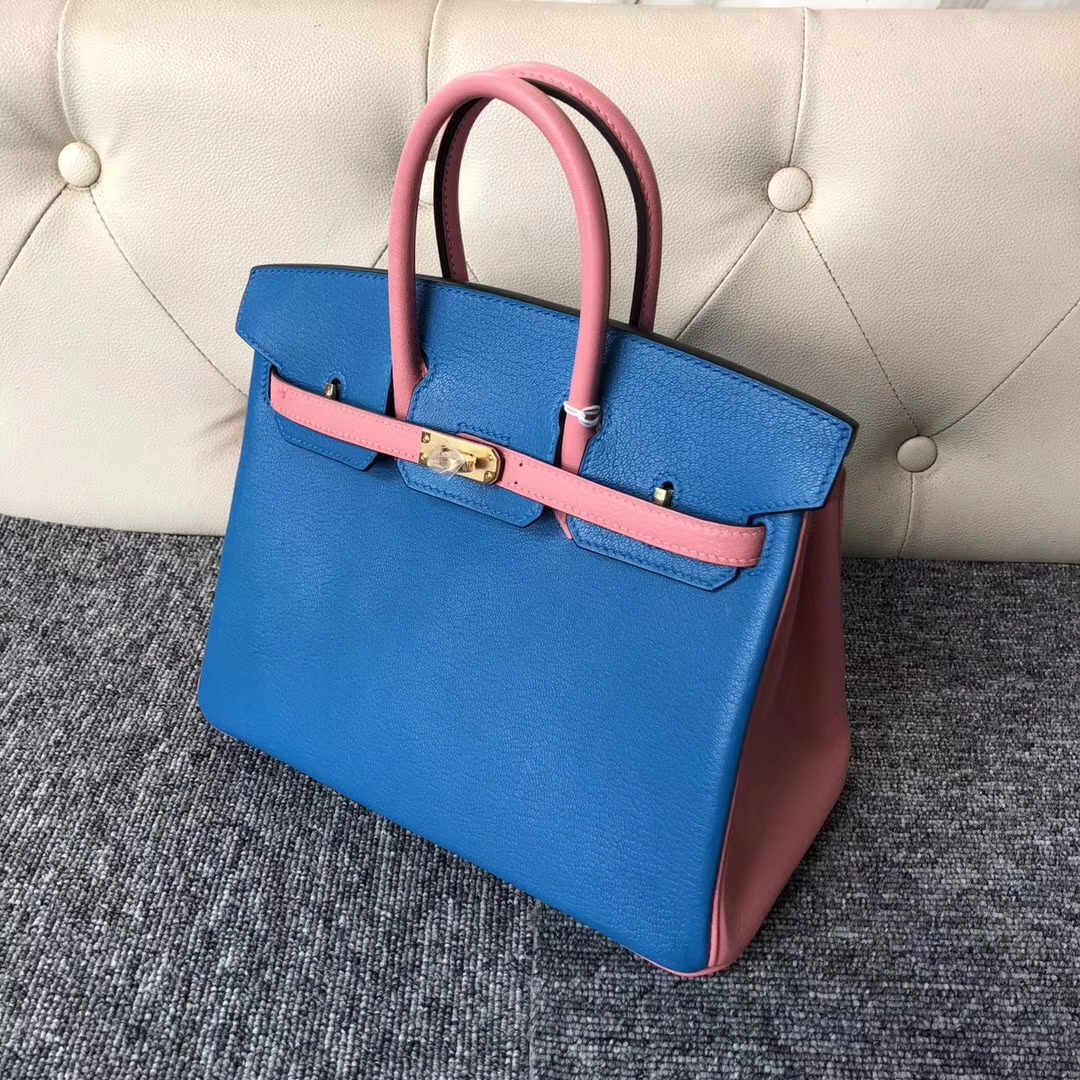 Stock Hermes Chevre Leather Birkin25CM Bag in 7Q Blue Mykonos/Rose Lipstick Gold Hardware