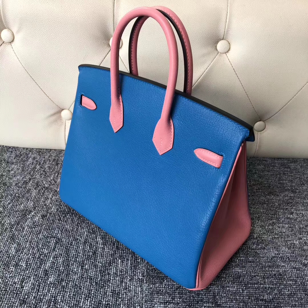 Stock Hermes Chevre Leather Birkin25CM Bag in 7Q Blue Mykonos/Rose Lipstick Gold Hardware