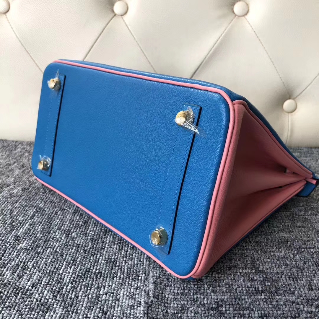 Stock Hermes Chevre Leather Birkin25CM Bag in 7Q Blue Mykonos/Rose Lipstick Gold Hardware