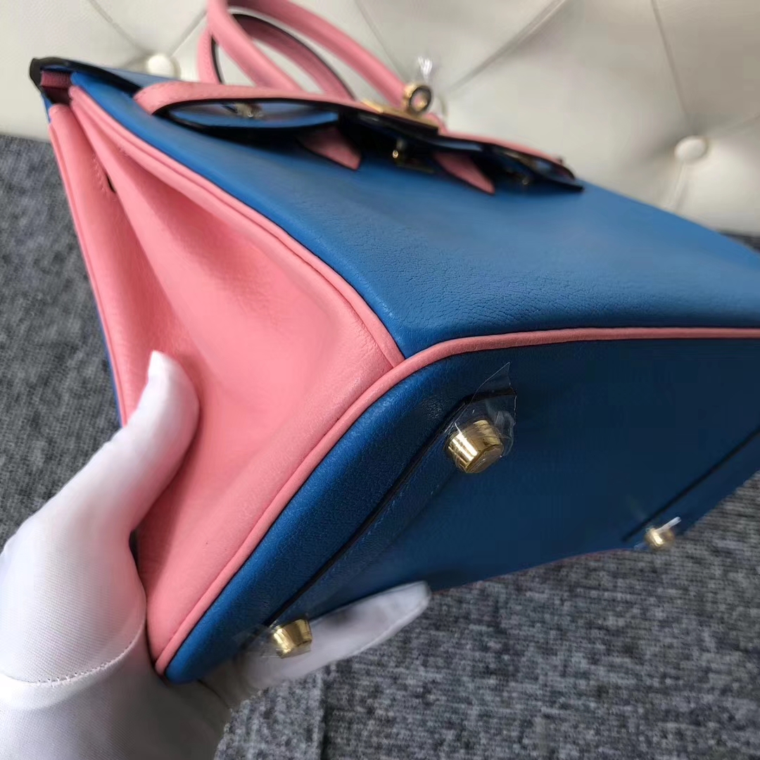 Stock Hermes Chevre Leather Birkin25CM Bag in 7Q Blue Mykonos/Rose Lipstick Gold Hardware