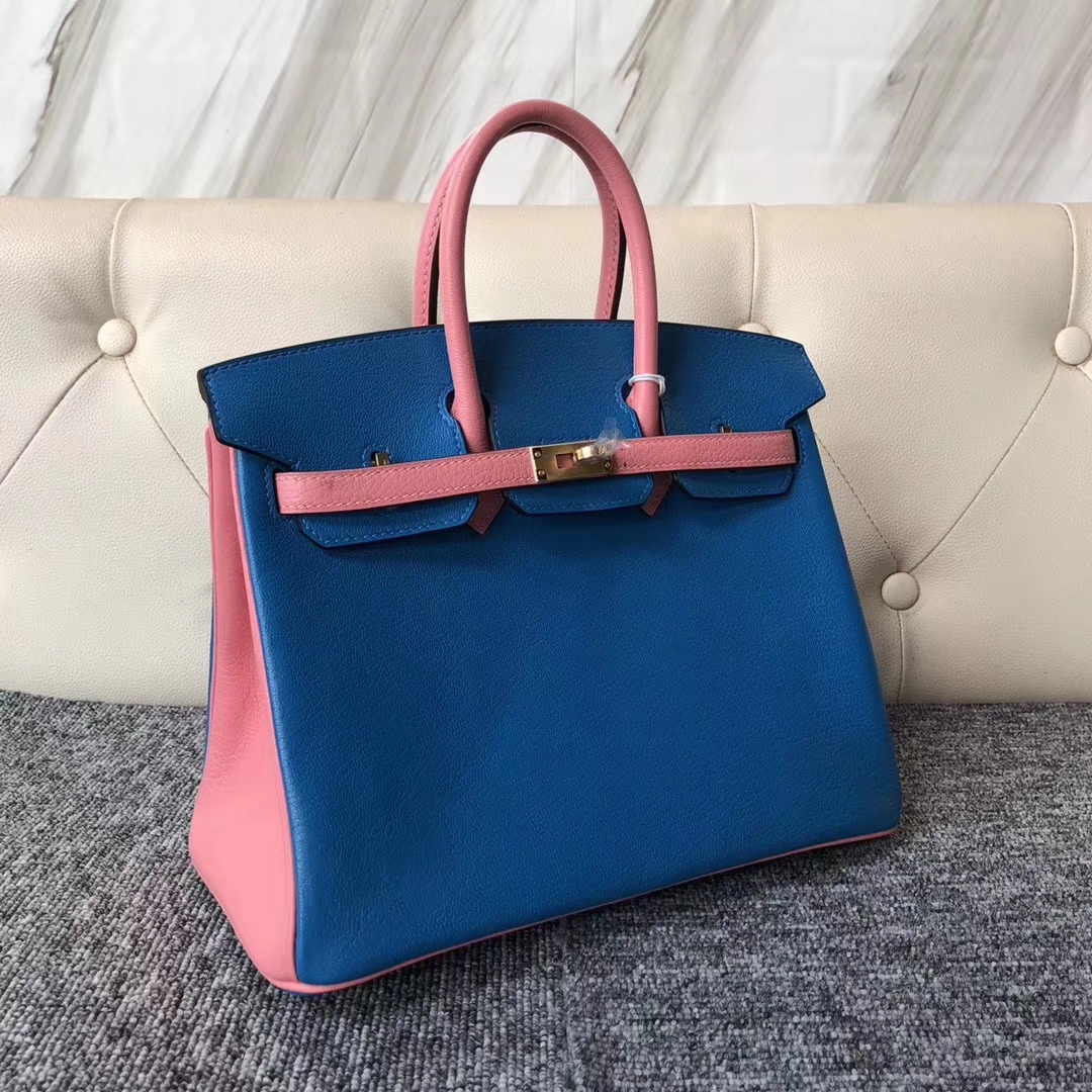 Stock Hermes Chevre Leather Birkin25CM Bag in 7Q Blue Mykonos/Rose Lipstick Gold Hardware