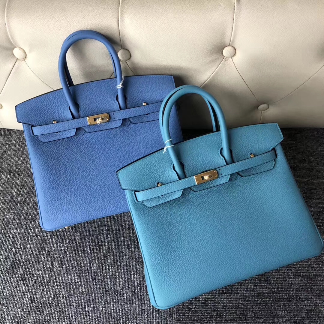 Stock Hermes Togo Calf Birkin25CM Tote Bag in P3 Bleu Du Nord Gold Hardware