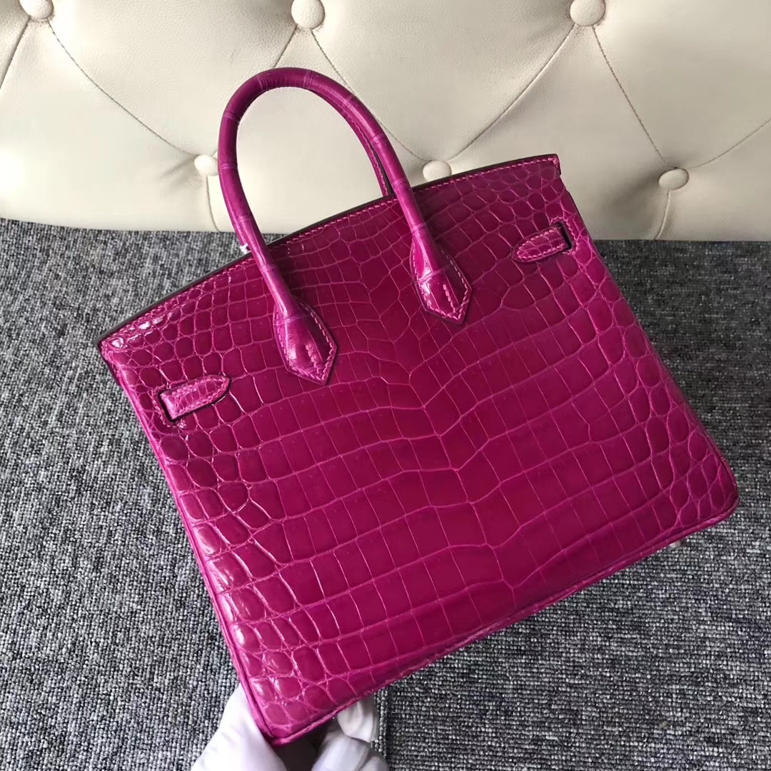 Stock Hermes Shiny Crocodile Birkin Bag25CM in J5 Rose Scheherazade Silver Hardware