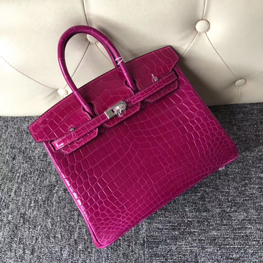 Stock Hermes Shiny Crocodile Birkin Bag25CM in J5 Rose Scheherazade Silver Hardware
