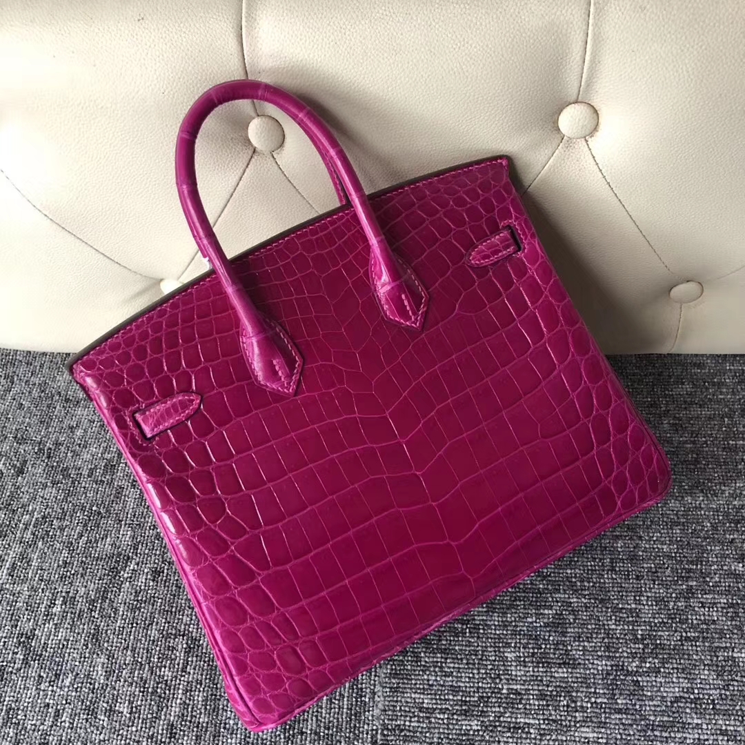 Stock Hermes Shiny Crocodile Birkin Bag25CM in J5 Rose Scheherazade Silver Hardware