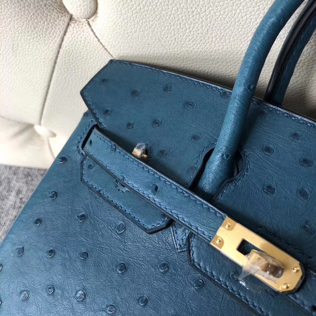 Stock Hermes Ostrich Leather Birkin Bag25CM in 7C Blue Cobalt Gold Hardware