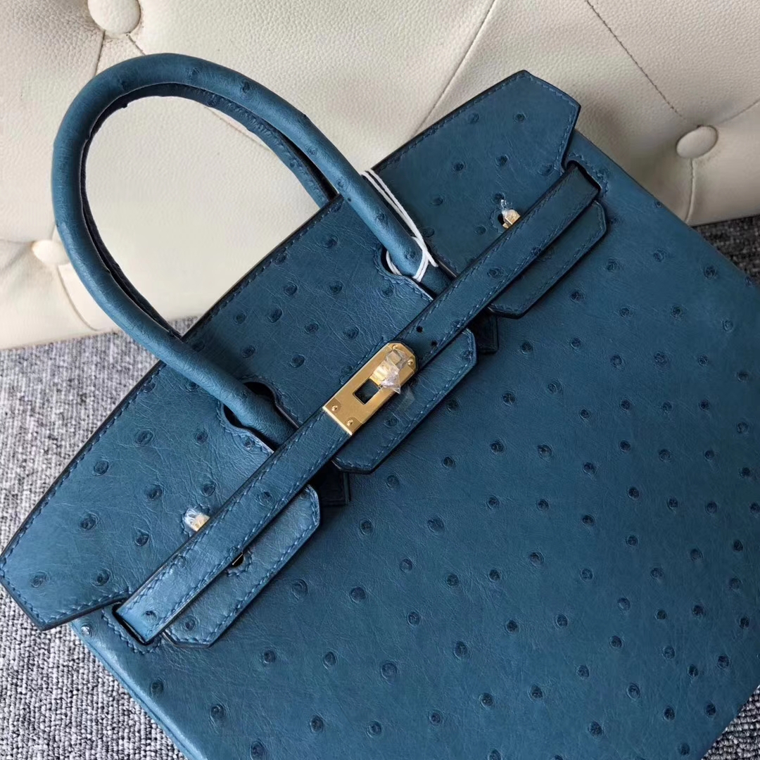 Stock Hermes Ostrich Leather Birkin Bag25CM in 7C Blue Cobalt Gold Hardware