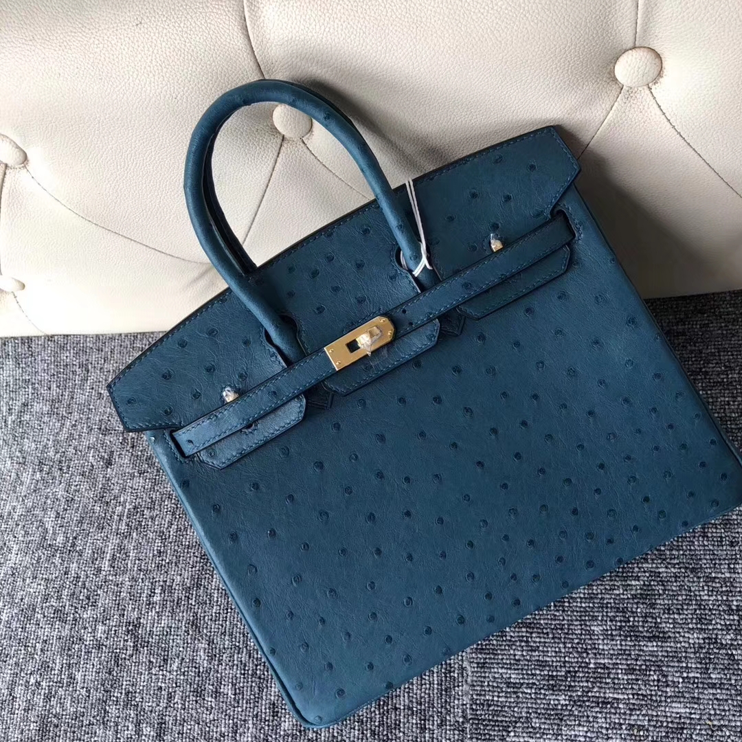 Stock Hermes Ostrich Leather Birkin Bag25CM in 7C Blue Cobalt Gold Hardware