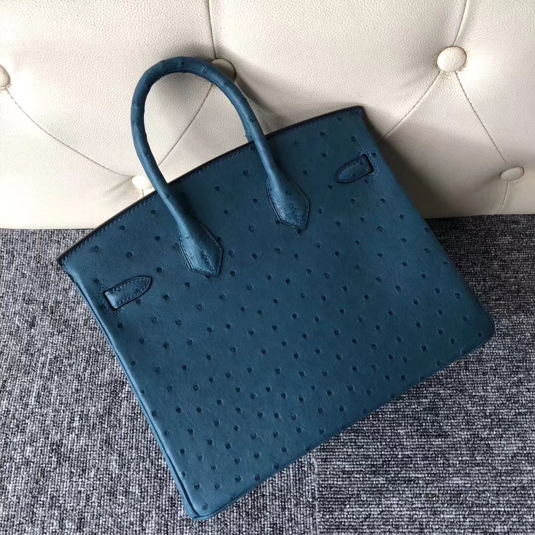 Stock Hermes Ostrich Leather Birkin Bag25CM in 7C Blue Cobalt Gold Hardware