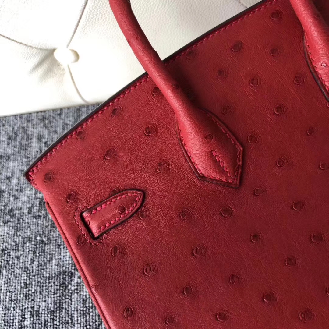 Stock Wholesale Hermes Q5 Rouge Casaque Ostrich Leather Birkin25CM Bag