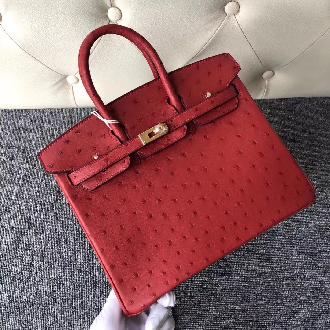 Stock Wholesale Hermes Q5 Rouge Casaque Ostrich Leather Birkin25CM Bag