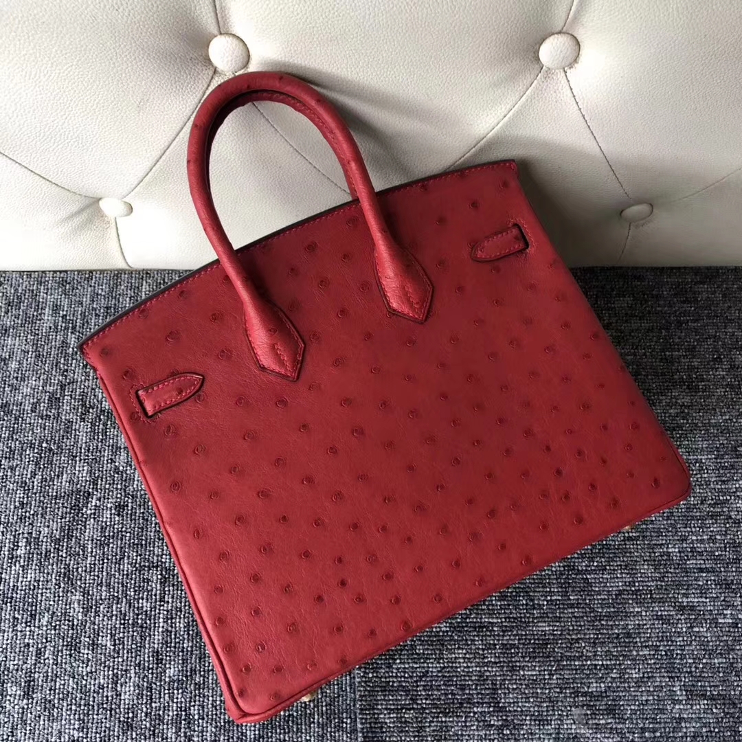 Stock Wholesale Hermes Q5 Rouge Casaque Ostrich Leather Birkin25CM Bag