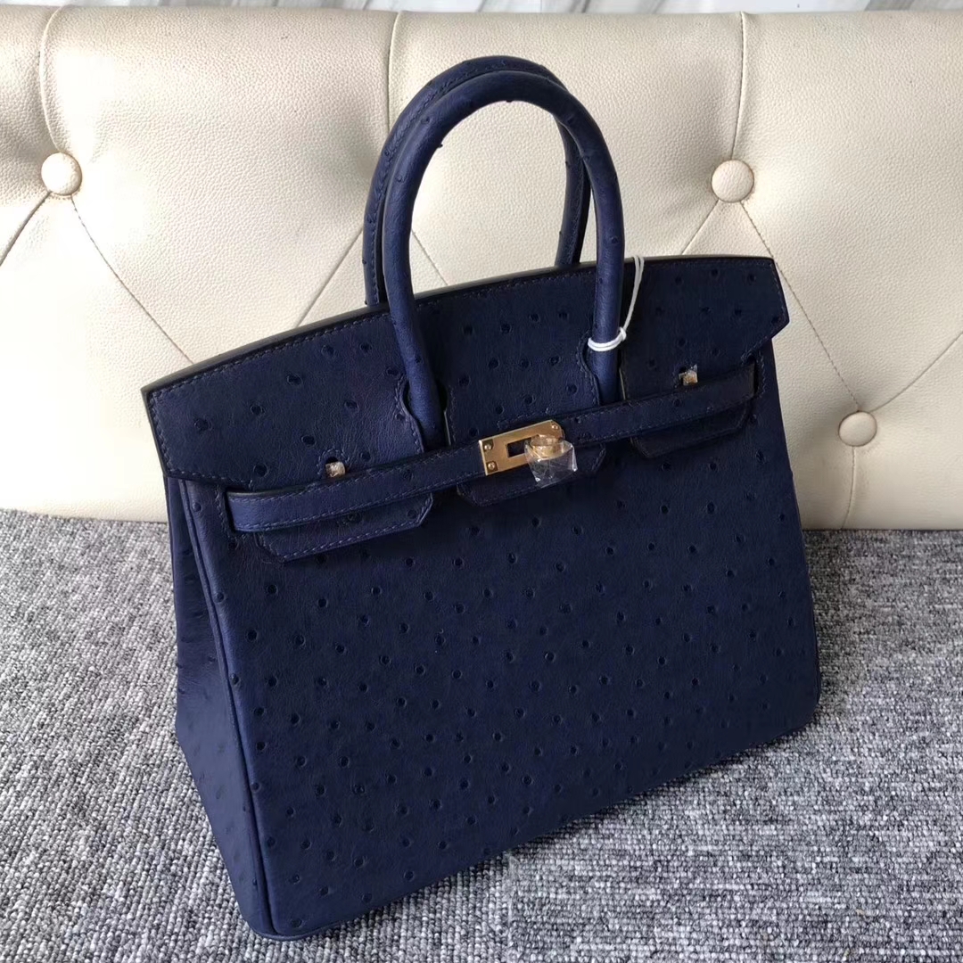Stock Discount Hermes Ostrich Birkin Bag25CM in 7K Blue Saphir Gold Hardware
