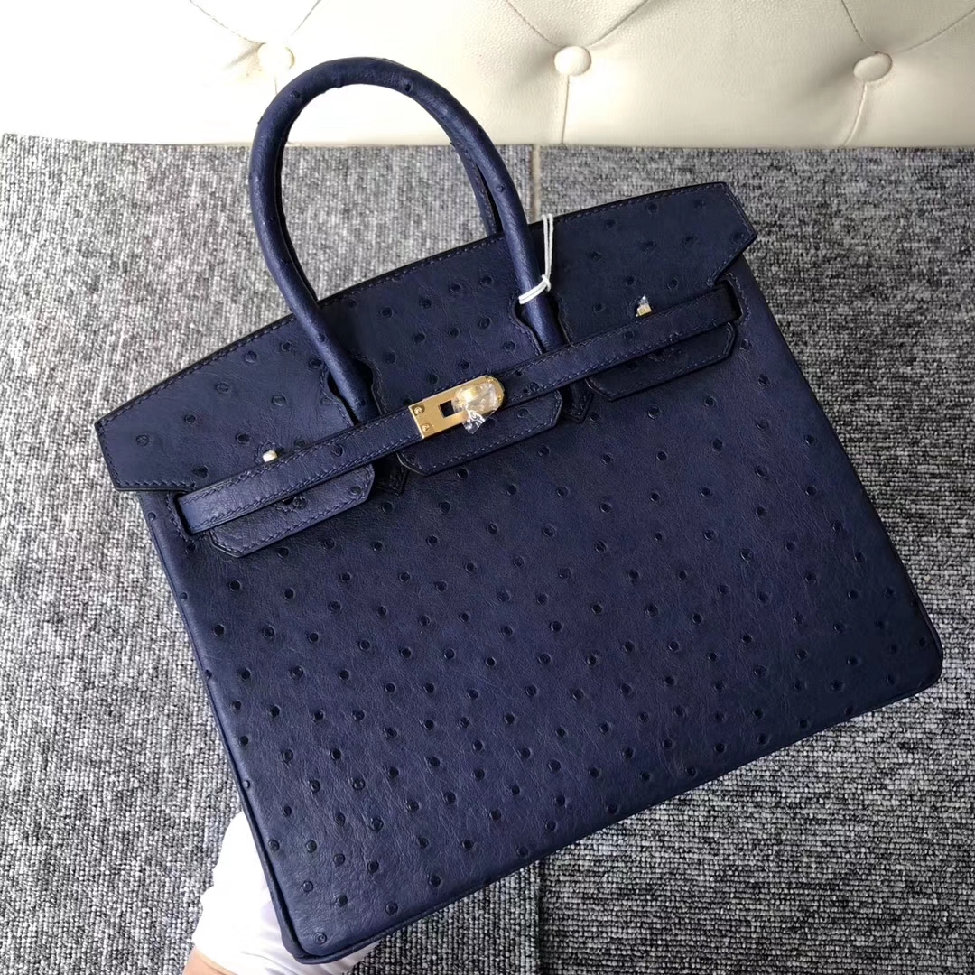 Stock Discount Hermes Ostrich Birkin Bag25CM in 7K Blue Saphir Gold Hardware