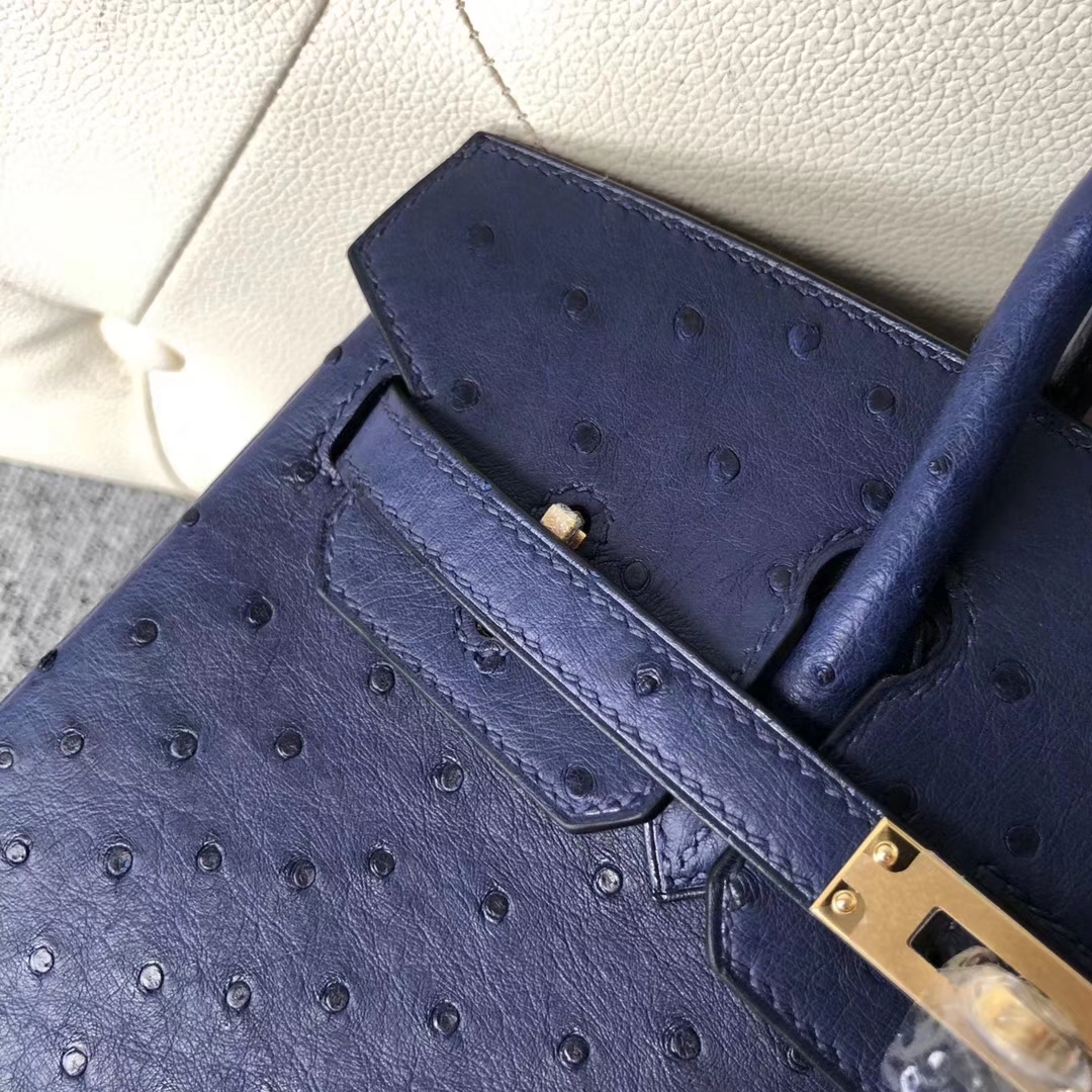 Stock Discount Hermes Ostrich Birkin Bag25CM in 7K Blue Saphir Gold Hardware