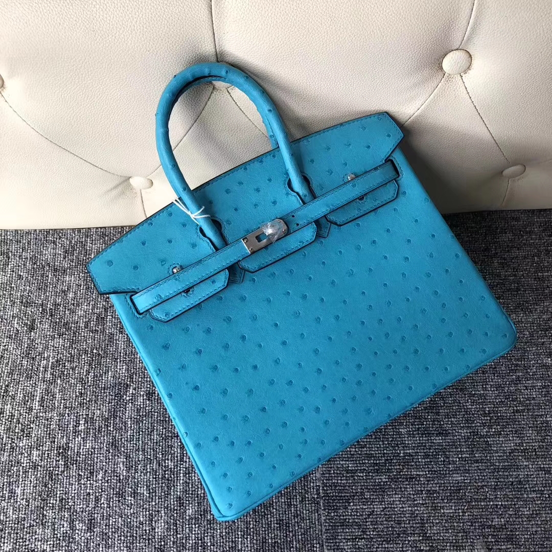 Stock Hermes 3P Blue Attol Ostrich Birkin25cm Women&#8217;s Bag Silver Hardware
