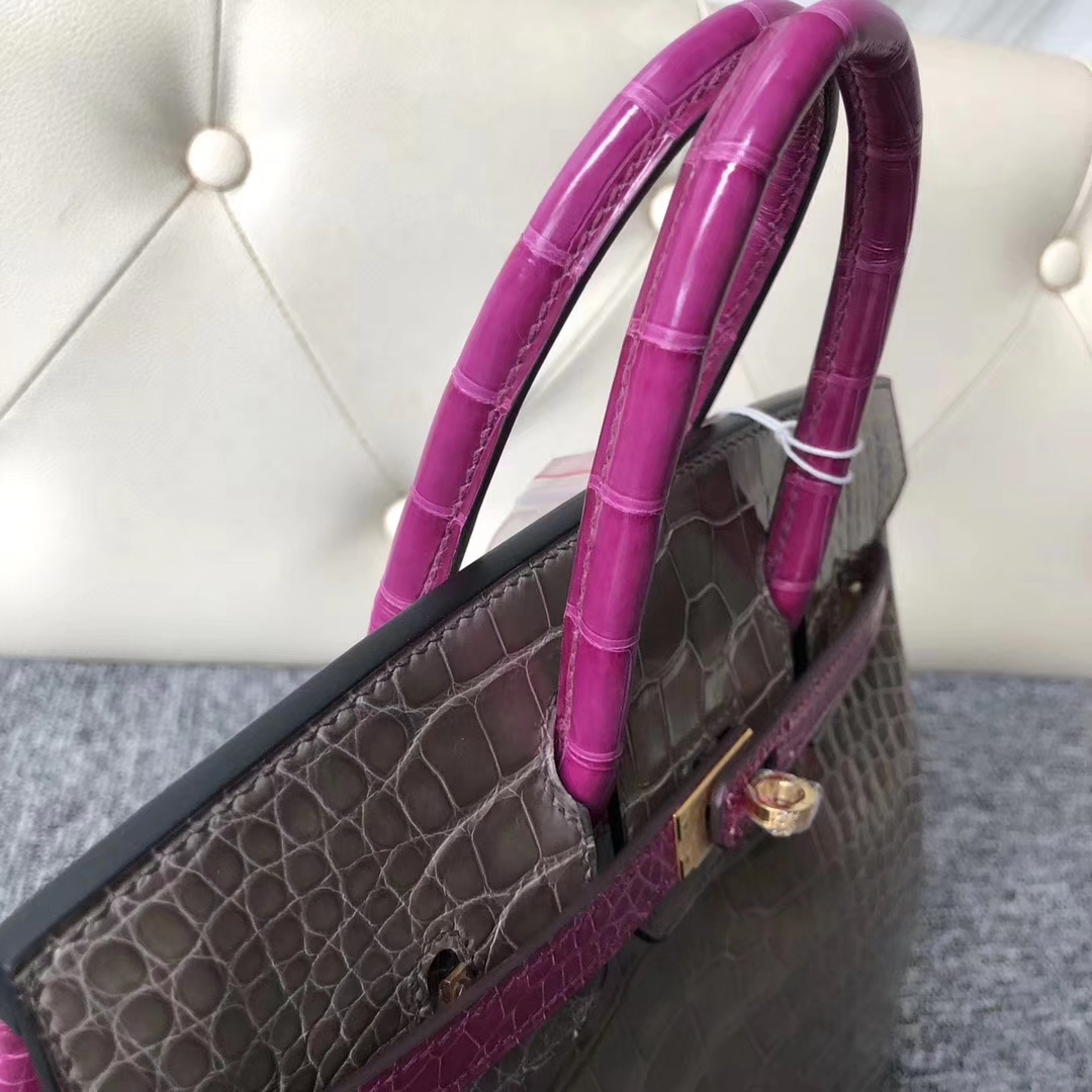 New Hermes CK81 Gris Tourterelle/J5 Rose Scheherazade Shiny Crocodile Birkin Bag25CM