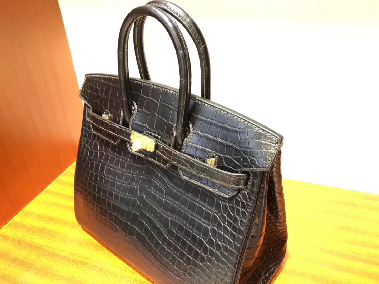 Discount Hermes Matt Crocodile Birkin Bag25CM in CK89 Noir Gold Hardware