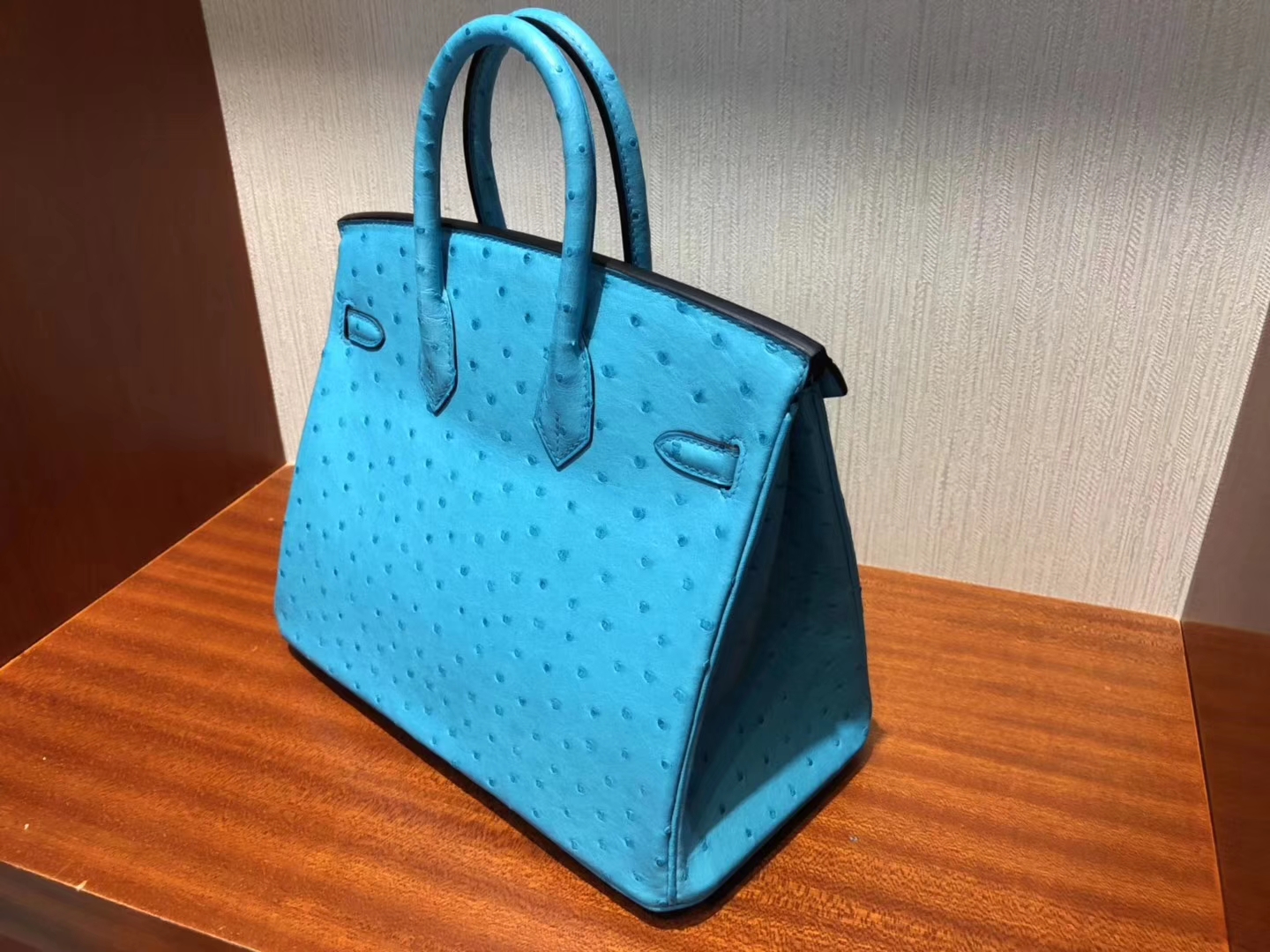 Noble Hermes 3P Blue Attol KK Ostrich Birkin Bag25CM Silver Hardware