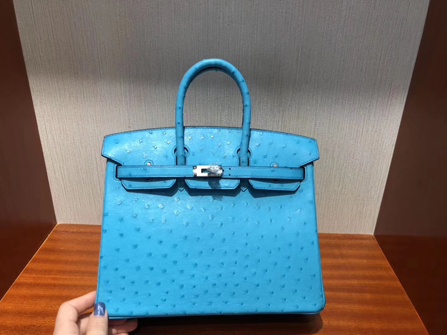 Noble Hermes 3P Blue Attol KK Ostrich Birkin Bag25CM Silver Hardware