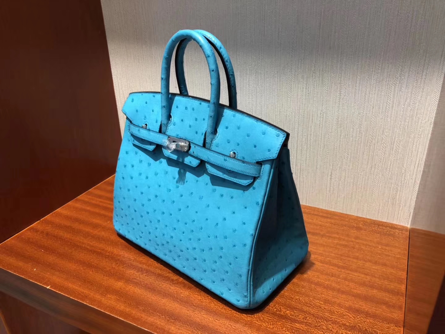 Noble Hermes 3P Blue Attol KK Ostrich Birkin Bag25CM Silver Hardware