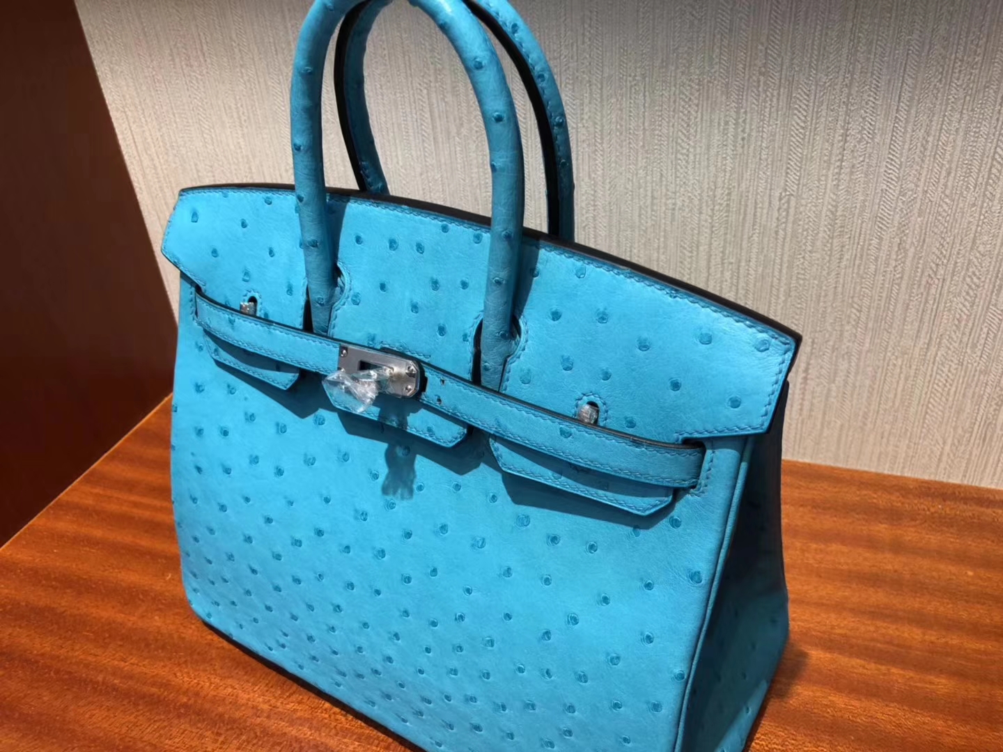 Noble Hermes 3P Blue Attol KK Ostrich Birkin Bag25CM Silver Hardware