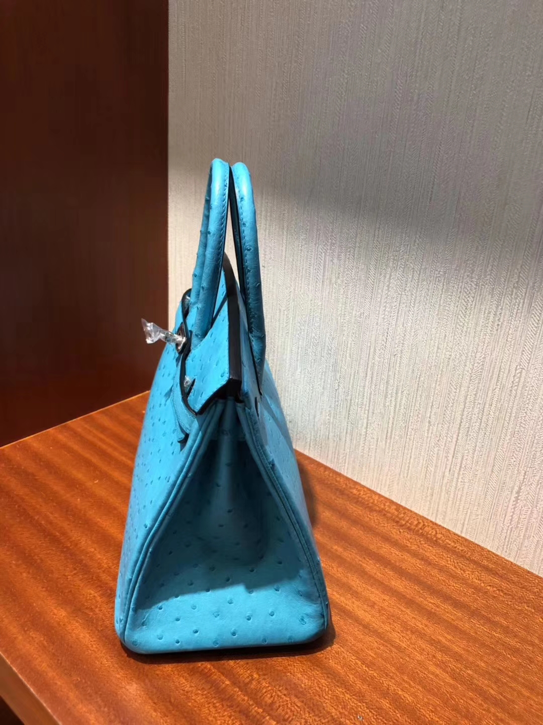 Noble Hermes 3P Blue Attol KK Ostrich Birkin Bag25CM Silver Hardware